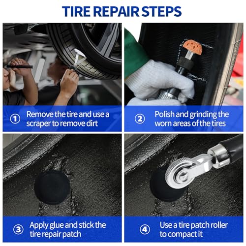 33PCS Tire Repair Patch Tools Tire Patch Kit, 30PCS Tire Patches(32mm/ 42mm/ 58mm with Tire Patch Roller, Tire Repair Buffing Wheel, Tire Inner Liner Scraper for Car Motorcycle Bike
