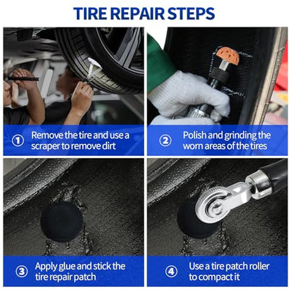33PCS Tire Repair Patch Tools Tire Patch Kit, 30PCS Tire Patches(32mm/ 42mm/ 58mm with Tire Patch Roller, Tire Repair Buffing Wheel, Tire Inner Liner Scraper for Car Motorcycle Bike