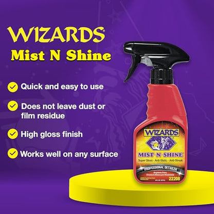 Wizards Mist-N-Shine Quick Detailer Spray - Waterless Wash - 8 oz | Anti-Static Formula for Paint, Chrome, Glass, Plastic, and Rubber Trim, Wax-Free, No Petroleum Solvents, Cars, Bikes, Boats - size: 8 Fl Oz (Pack of 1)