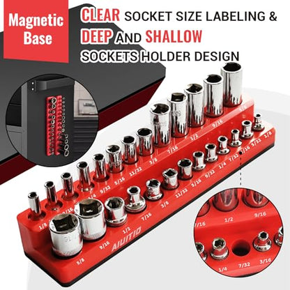 AIUITIO 6-Piece Magnetic Socket Organizer Set, Magnetic Socket Holder Includes 1/4", 3/8", 1/2" Drive Metric SAE Socket Trays,Holds Standard and Deep Sockets - size: Magnetic Design