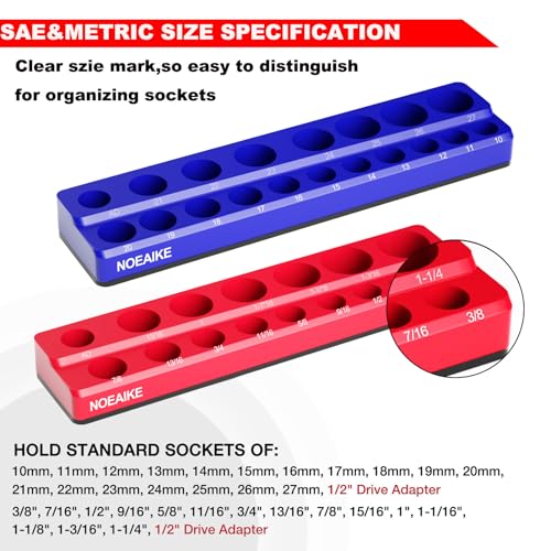 1/2 Inch Magnetic Socket Organizer,2-Pack Metric &SAE Sockets Holder Set 1/2" Drive Socket Trays, Holds 35 Pcs Standard Sockets(Socket not Included) - size: 1/2"SAE&METRIC/2PCS