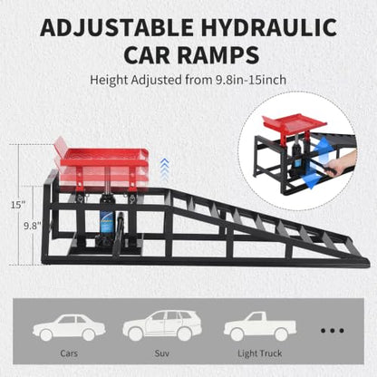 2 Pack Hydraulic Car Ramps 5 Ton Capacity, Heavy Duty Steel Vehicle Ramps with 9.8"-15" Adjustable Height for Oil Changes & Maintenance, Low Profile Wide Deck for Cars SUVs Trucks - color: Red, 2 Pack