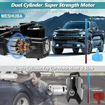 Dual Cylinder Portable Tire Inflator Air Compressor, 150 PSI 12V DC Air Pump with Digital Display, Emergency LED Light, Auto Shut-Off, Heavy Duty - color: Black