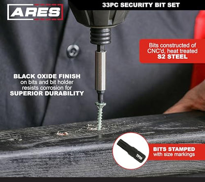 ARES 31009-33-Piece S2 Steel Security Bit Set with Magnetic Extension Bit Holder - Tamper Resistant SAE Hex, Metric Hex, Torq, Spanner, Triwing, and Torx Bits – S2 Steel Offers Maximum Durability - size: 33 Piece Security Bits Set with Holder