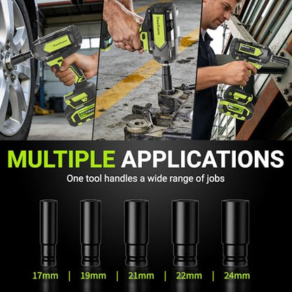 Cordless Impact Wrench 1/2 Inch, 1200N.m High Torque Brushless Impact Gun, 21V Power Impact Driver with 2×4.0Ah Batteries, 3-Speed modes & LED Light, 5 Sockets for Car/Mower (Black&Green)