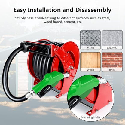 1“ x 50ft Diesel Fuel Hose Reel Retractable with Fuel Nozzle, 1 Inch Fuel Transfer Pump Hose, Auto Swivel Rewind, Max 300 PSI Tank Hose, Easy Use for Farms Boat Truck Bed Trailer Cart - color: Red, size: 1" x 50ft