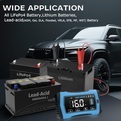 16 AMP Battery Charger, 6V/12V/24V Smart Car Battery Charger, Trickle Charger, Fully Automatic Chargers and Maintainer for Car, Motorcycle, Lawn Mower, Lead-Acid, Lithium, LiFePo4 Batteries