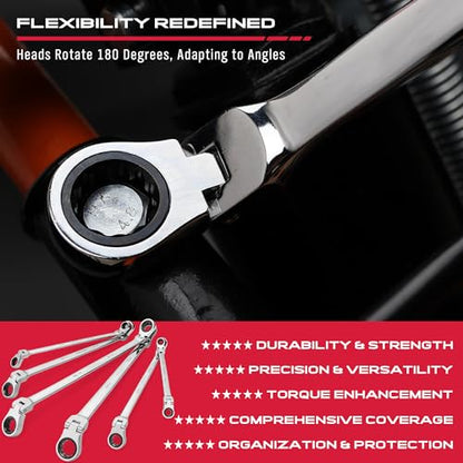 Extra Long Flex-Head Ratcheting Wrench Set, Anti-Slip 6-Piece Double Box End Wrench Set, 72-Teeth, Metric 8-19mm, CR-V Steel Wrench with Rolling Pouch - style: 6-Pc Extra-Long (Flex-Head)