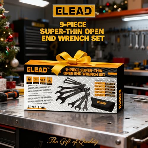 ELEAD 9-Piece Super-Thin Open End Wrench Set, SAE 1/4"-1-1/16", CR-V Nickel Plated, 3 mm Thickness Ultra-Slim Wrench Set for Tight Spaces, Durable Roll-Up Pouch for Mechanics - color: 9-piece Super-thin Sae Black