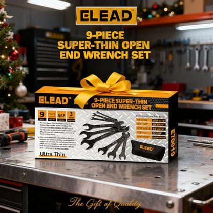 ELEAD 9-Piece Super-Thin Open End Wrench Set, SAE 1/4"-1-1/16", CR-V Nickel Plated, 3 mm Thickness Ultra-Slim Wrench Set for Tight Spaces, Durable Roll-Up Pouch for Mechanics - color: 9-piece Super-thin Sae Black