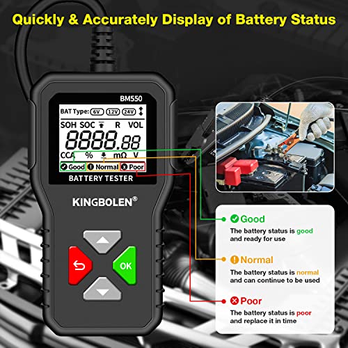 KINGBOLEN BM550 6V 12V 24V Car Battery Tester, 100-2000 CCA Voltage Tester 2Ah-220Ah Internal Resistance Tester Accurate Digital Auto Battery Analyzer for Cars Trucks SUV ATV Boats Motorcycles Vehicle - style: BM550 battery tester