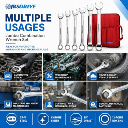 Jumbo Combination Wrench Set, 6 Piece Metric Chrome Finished Sizes 34 to 50 MM, Heavy Duty CR-V Steel Construction, Industrial Grade Spanner Kit for Automotive, Workshop & Mechanical Use