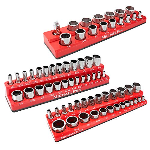 MichaelPro MP014003 3-Pc Magnetic Socket Organizer- 1/4-inch, 3/8-Inch & 1/2-Inch Drive Magnetic Socket Holder Kit in SAE, Professional Grade Socket Organizers for Toolboxes/Cabinets (SAE), Red - size: SAE