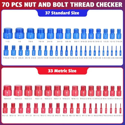 70 Pcs Thread Checker Nut and Bolt Thread Checker Set with 37 Inch and 33 Metric Box Set Thread Gauge SAE and Metric Sizes Perfect for Tight Spaces Ideal for Bolt and Nut Size Checking