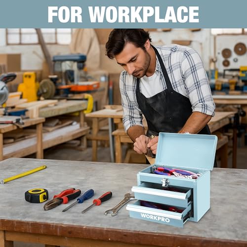 WORKPRO Portable Mini Tool Box, 2 Drawers Metal Tool Chest with Ball Bearing Slides, Top Storage with Latch, Ergonomic Carrying Handle, Mechanic Toolbox with PVC Liners and PP Feet Pads - color: Macaron Blue