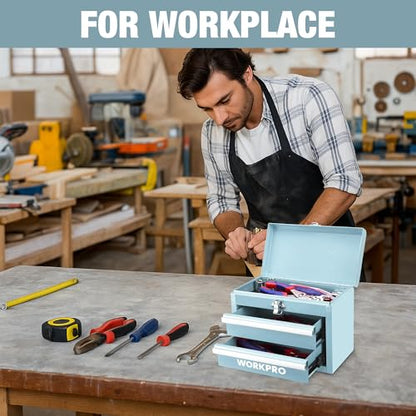 WORKPRO Portable Mini Tool Box, 2 Drawers Metal Tool Chest with Ball Bearing Slides, Top Storage with Latch, Ergonomic Carrying Handle, Mechanic Toolbox with PVC Liners and PP Feet Pads - color: Macaron Blue