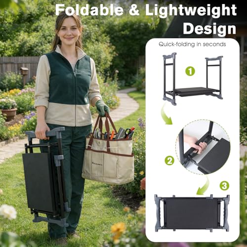Garden Kneeler and Seat with Umbrella, 2-in-1 Foldable Gardening Stool with Adjustable Bracket, Detachable Tool Bags, Heavy Duty Kneeling Pad for Gardening (Brown) - color: Beige & Brown