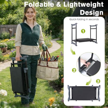 Garden Kneeler and Seat with Umbrella, 2-in-1 Foldable Gardening Stool with Adjustable Bracket, Detachable Tool Bags, Heavy Duty Kneeling Pad for Gardening (Brown) - color: Beige & Brown