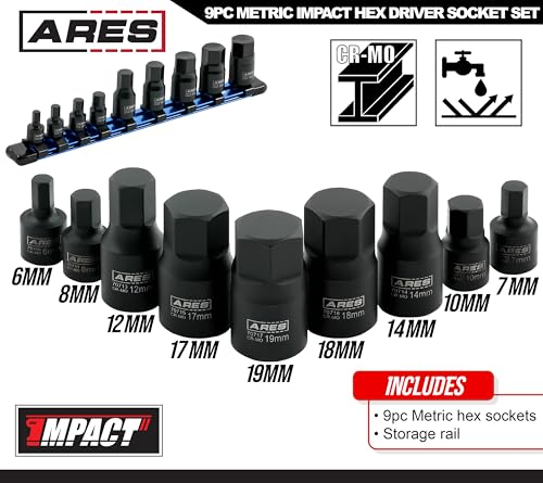 ARES 70497 9-Pc Metric Impact Hex Socket Set, Chrome Moly, Rail | Manganese phosphate coating; low profile and designed for impact use. - size: 9-Piece Metric Impact Hex Driver Set