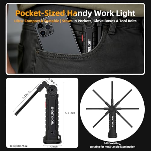 Tool Fathers Day Dad Gifts for Men Him Husband, LED Rechargeable Work Light for Mechanic with Magnetic Base Hook, Grill Light Inspection Flashlight 5 Modes 360° Rotate Car Repair Emergency Birthday - color: Black 4PCS