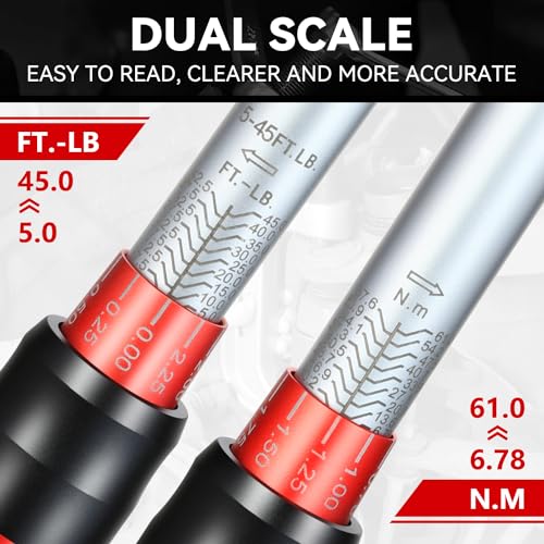 Auto Dynasty 1/2 Inch Dual-Scale Reversible Ratchet Wrench Set 5-45ft.lb/6.78-61.0 n.m with Quick Release and Accurate Torque Control - Perfect for Cars, Bikes, and Machinery Maintenance - size: 1/2 Inch-45ft.lb