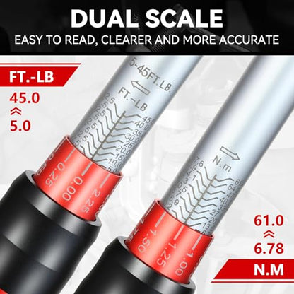 Auto Dynasty 1/2 Inch Dual-Scale Reversible Ratchet Wrench Set 5-45ft.lb/6.78-61.0 n.m with Quick Release and Accurate Torque Control - Perfect for Cars, Bikes, and Machinery Maintenance - size: 1/2 Inch-45ft.lb