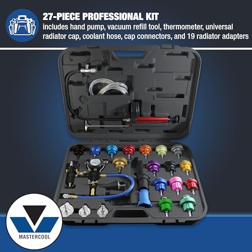 Mastercool 43301-A 27‑Piece Radiator Pressure & Vacuum System Kit – Professional Leak Tester & Coolant Refill Tool with Durable Gauge and 19 Adapter Set (0–35 psi)