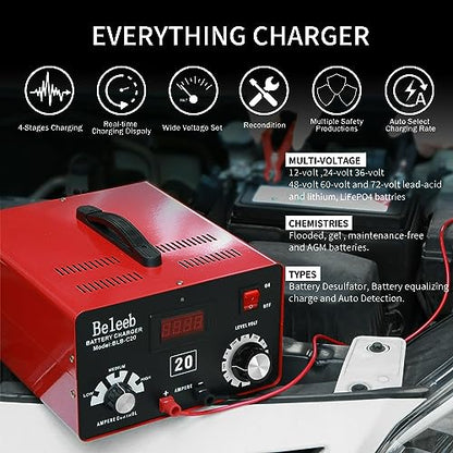 C20 Adjustable Battery Charger 12V 24V 36V 48V, 12A Pulses of High-Voltage Battery Desulfator Maintainer with Smart Chip for Lead-Acid LiFePO4 Lithium Batteries BLB-C20