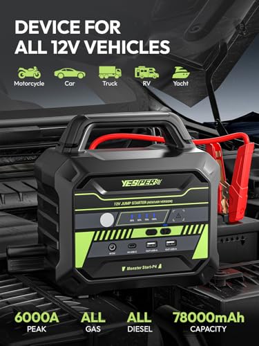 YESPER 6000A Car Starter Jump Box - 78000mAh Heavy Duty Truck Battery Jump Starter for All 12V Diesel & Gas, SuperSafe Portable Jump Pack, Powerful Force Start Jumper Box (-40°F to 140°F)