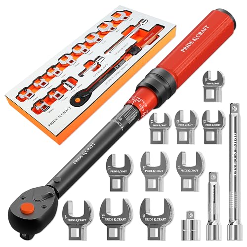 PRIDE&CRAFT 14-Piece Crowfoot Wrench Set, 3/8 Inch Drive Click Torque Wrench with Metric Crowfoot Wrench Heads (10-19mm), 2 Extension Bars, 1/2”F - 3/8”M Universal Joint, One Set for All Purposes - color: Silver