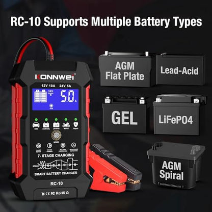 KONNWEI RC-10 Car Battery Tester 12V/24V – 7-Stage Automatic Charger and Pulse Repair Tool, Fast Charging, Trickle Mode, Overheat & Reverse Protection,Fast Charging for Car,Truck,Motorcycle,Marine
