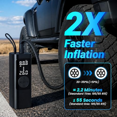 FamilyKit Tire Inflator Portable Air Compressor – 6000mAh 150 PSI Cordless Air Pump, Fast Inflation 24L/Min, 4 Preset Modes & 12V DC, Pressure Gauge Display, LED Light for Car, Bike, Motorcycle, Balls