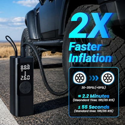 FamilyKit Tire Inflator Portable Air Compressor – 6000mAh 150 PSI Cordless Air Pump, Fast Inflation 24L/Min, 4 Preset Modes & 12V DC, Pressure Gauge Display, LED Light for Car, Bike, Motorcycle, Balls