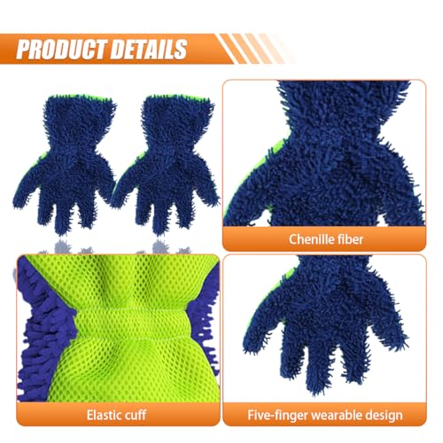 Craedli 2PCS Car Wash Mitts, Anti-Scratch Double Sided 5-Finger Microfiber Car Interior&Exterior Detailing Gloves, Soft Vehicle Chenille Dusting Mitt for Cleaning Wheel Tight Spot (Blue) - color: Blue