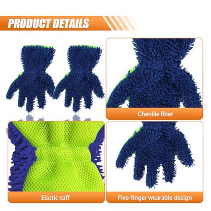 Craedli 2PCS Car Wash Mitts, Anti-Scratch Double Sided 5-Finger Microfiber Car Interior&Exterior Detailing Gloves, Soft Vehicle Chenille Dusting Mitt for Cleaning Wheel Tight Spot (Blue) - color: Blue