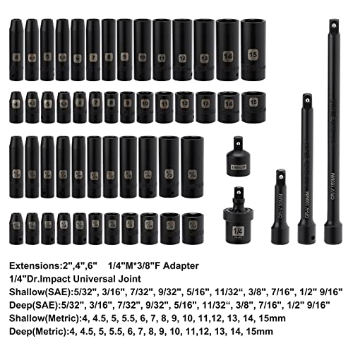 Mayouko 55PCS 1/4 Inch Drive Master Impact Socket Set, Metric/SAE, Deep/Shallow, 6 Point, CR-V, 5/32 Inch - 9/16 Inch, 4mm - 15mm, With Extensions,Adapters,Universal Joint - size: 55PCS With Accessory