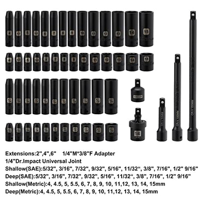 Mayouko 55PCS 1/4 Inch Drive Master Impact Socket Set, Metric/SAE, Deep/Shallow, 6 Point, CR-V, 5/32 Inch - 9/16 Inch, 4mm - 15mm, With Extensions,Adapters,Universal Joint - size: 55PCS With Accessory