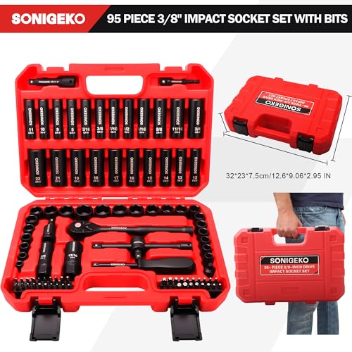95-Piece 3/8" Drive Impact Socket Set,SAE(5/16 to 3/4-) Metric Size(8-22mm) | 6-Point Deep & Standard CR-V Sockets, Screwdriver Bit Set with Ratchet Handle & Security Bits - size: 95 PCS, 3/8" Socket Set, Metric & SAE