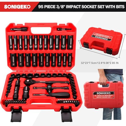 95-Piece 3/8" Drive Impact Socket Set, 6-Point Deep & Standard SAE/Metric CR-V Sockets with Ratchet Handle & Security Bits - size: 95 PCS, 3/8" Socket Set, Metric & SAE
