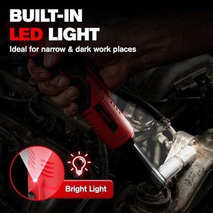 3/8" Electric Ratchet Wrench Cordless 21V, 55 Ft-lbs Brushless Ratchet Wrenches with Extension Bar, Adapter, 7 Sockets, LED Light, 70 N.M High Torque Ratchet Tool Set with 2 Batteries & Charger