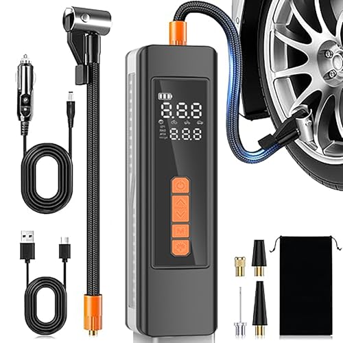 Tire Inflator Portable Air Compressor, 5X Faster 150 PSI Portable Tire Inflator for Car, Built-in Magnetic Storage, Auto Shut-Off Cordless Air Pump, LED Light for Cars, Motor, Bikes - color: Orange and black