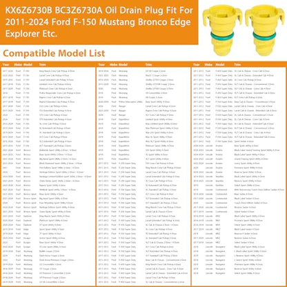 Oil Drain Plug 7 Pack Compatible with Ford F150 Mustang Bronco Edge Lincoln Explorer 2.7, 3.0, 3.5, 5.0 KX6Z6730B KX6Z-6730-B FT4Z-6730-A BC3Z-6730-A with Oil Drain Plug Removal Tool