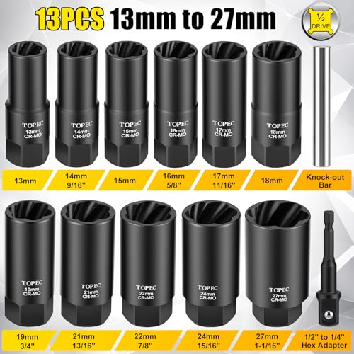 Topec 13PCS Deep Lug Nut Remover, 13-27mm Wheel Lock Removal Tool, 1/2" Drive Bolt Extractor Socket Set, Heavy Duty Lug Nut Removal Tool for Stripped, Rounded, Broken Bolts - size: 13 PCS
