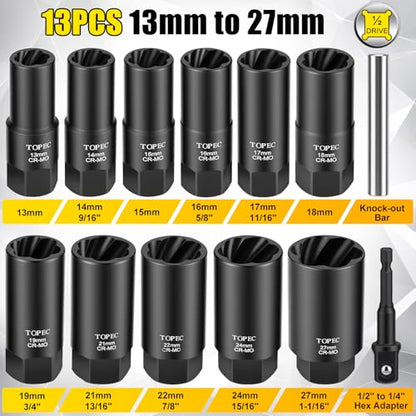 Topec 13PCS Deep Lug Nut Remover, 13-27mm Wheel Lock Removal Tool, 1/2" Drive Bolt Extractor Socket Set, Heavy Duty Lug Nut Removal Tool for Stripped, Rounded, Broken Bolts - size: 13 PCS