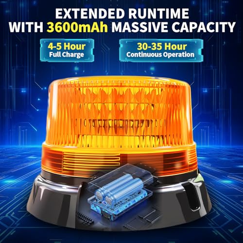 2-Pack Amber Strobe Beacon Light, Rechargeable LED, Magnetic Base | Wireless 3600mAh with suction cup mount. Emergency safety warning light for trucks, cars, tractors and tow trucks.