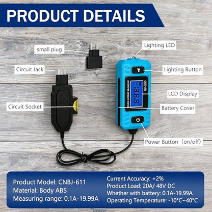 Automotive Circuit Fault Probe Tester, Cnbj-611 Automotive Parasitic Draw Current Tester, Portable 20A 48v Car Relay Fuse Blade Test, with Led Display & Front Lighting, with 23A/12v Battery