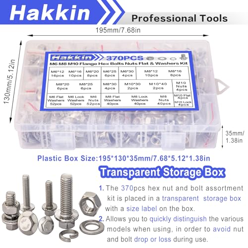 370PCS Metric Flange Bolt Assortment, M6x1.0, M8x1.25, M10x1.5 (12mm to 40mm) Hex Head Bolts and Nuts Assortment, Stainless Steel 304 Flange Bolts Nuts Washers Kit Hakkin, Hex Socket Included - size: M M6 M8 M10 Flanged Bolt Silver 370pcs