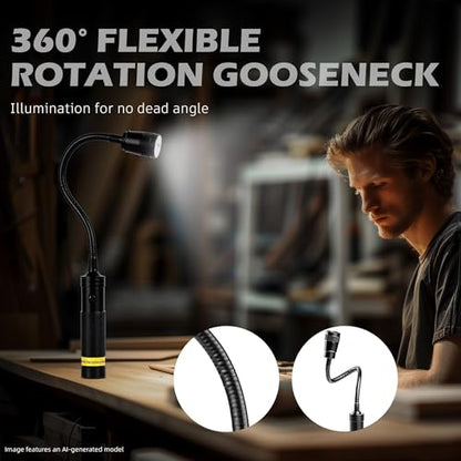 Favorlite 500 Lumen Magnetic Work Light | Zoomable Gooseneck Flashlight, 11" Flexible Neck, 1.14" Slim Head, 3 AAA Batteries Included