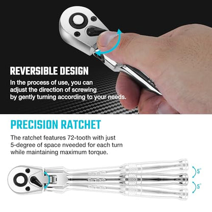 DURATECH 1/4" Drive Flex-Head Ratchet | 72-Tooth Ratchet Wrench, Quick-release, Reversible Switch, Full-Polished Chrome Plating, Alloy Steel - size: 1/4" Drive