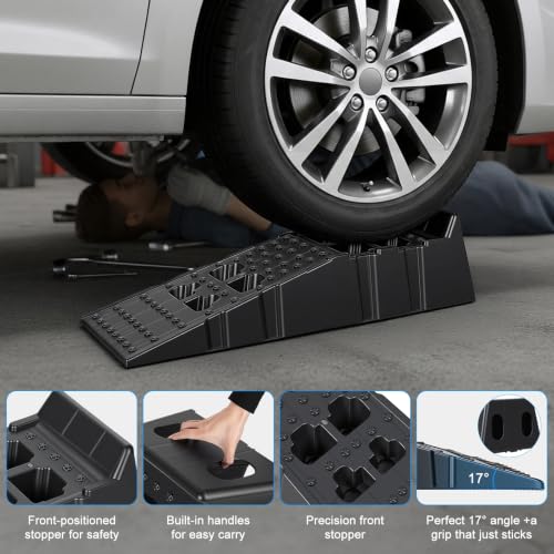 2PCS Car Ramps for Oil Changes and Lfit, 26000lbs Capacity Portable High Profile Car Ramps with A nti-Slip Grooves for Home Garage Maintenance,Vehicle R amps for Auto Repair Black Black